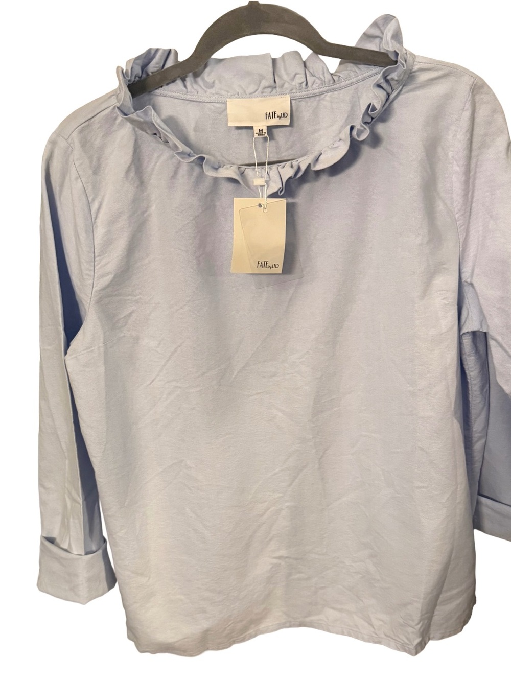 Fate By LFD Women’s Blue Ruffle Neck Cotton L/S Top Shirt Sz M NWT